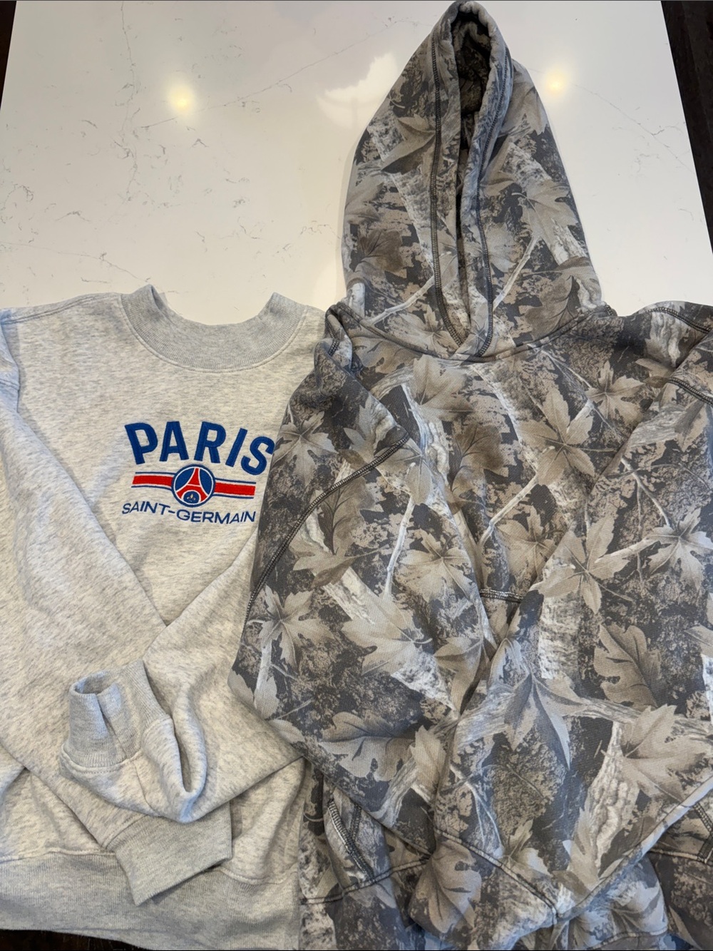 Hollister Grey Crewneck & Camouflage Hoodie Set (men’s XS - fits boys)
